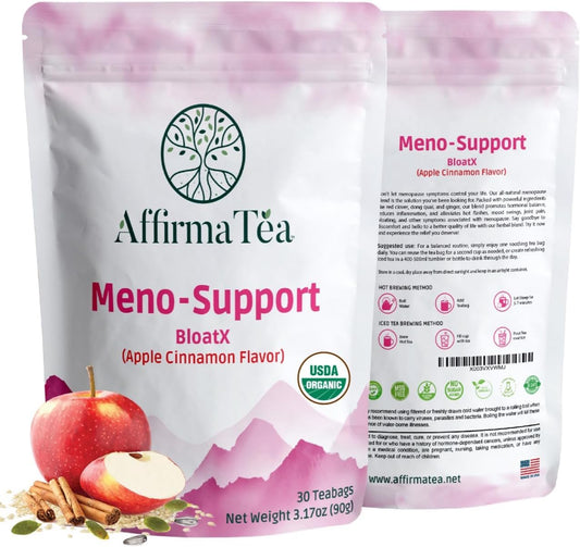 Organic Menopause Relief Tea for Meno-Support: Balances Hot Flashes, Hormones, Mood Swings, Night Sweats, & Bloating with Black Cohosh, Red Clover & Dong Quai - Natural Apple-Cinnamon Flavor