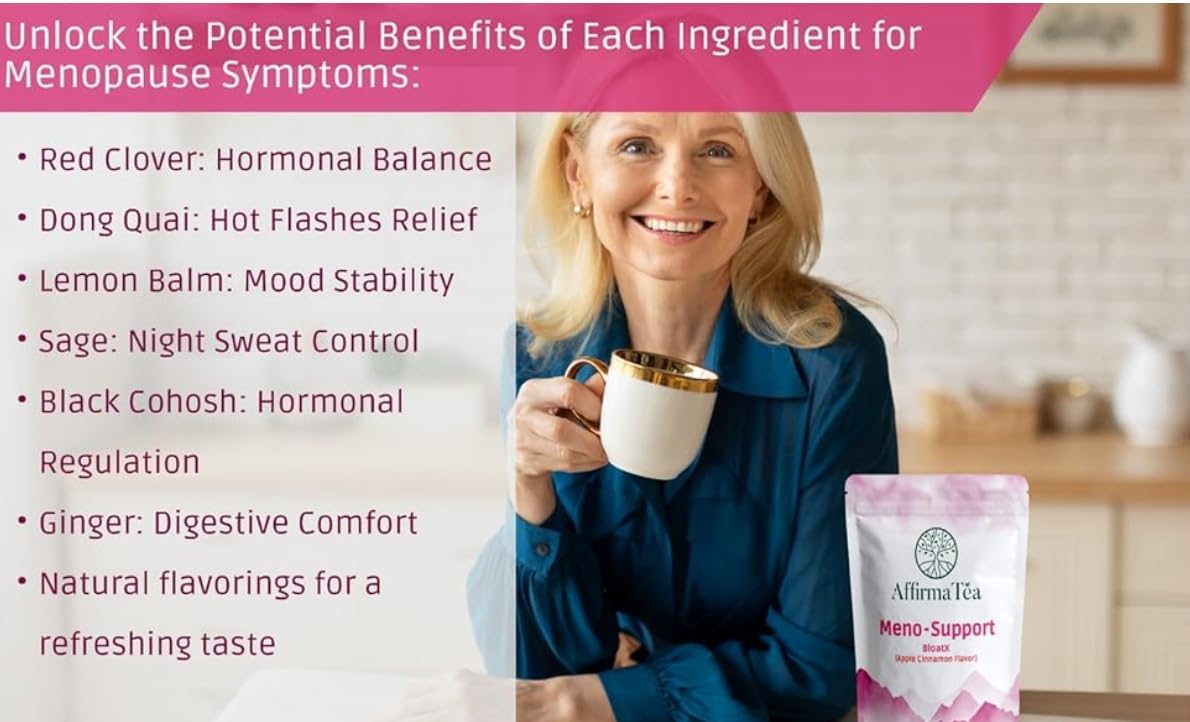 Organic Menopause Relief Tea for Meno-Support: Balances Hot Flashes, Hormones, Mood Swings, Night Sweats, & Bloating with Black Cohosh, Red Clover & Dong Quai - Natural Apple-Cinnamon Flavor