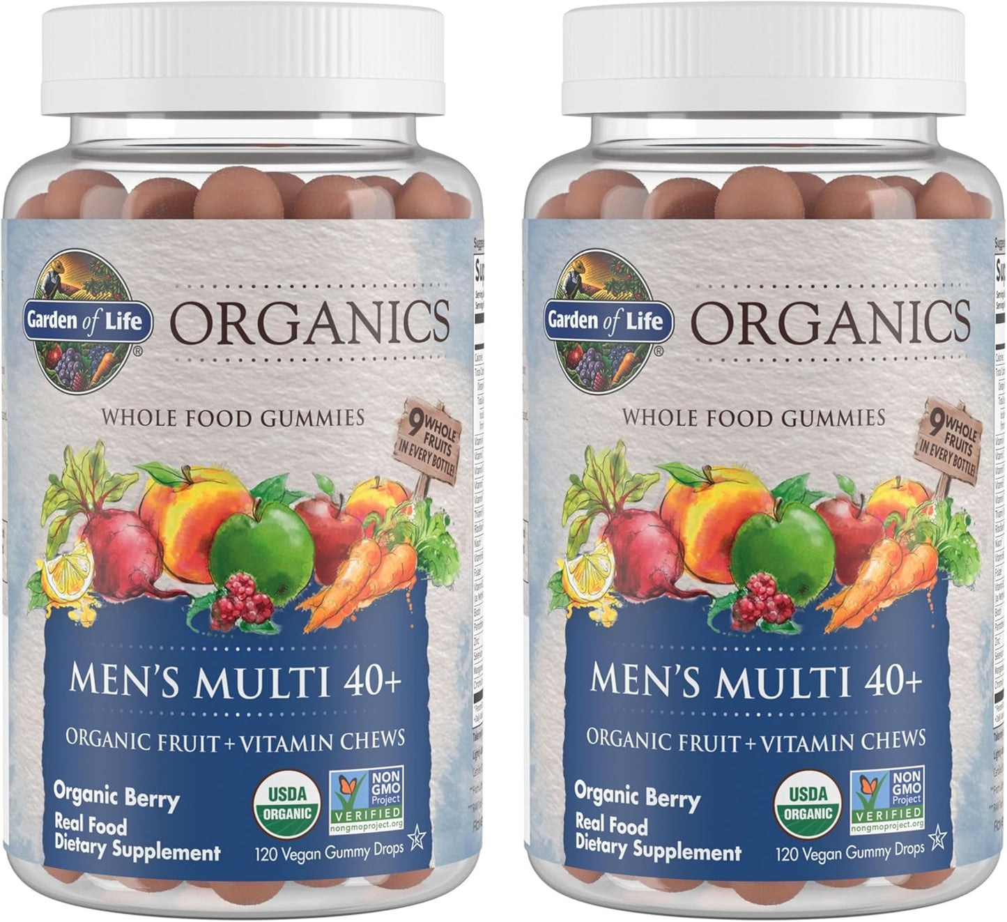 Organic Men's Multi 40+ Whole Food Vitamin Chews - Berry Flavor (240 Vegan Gummies) - 2 Pack