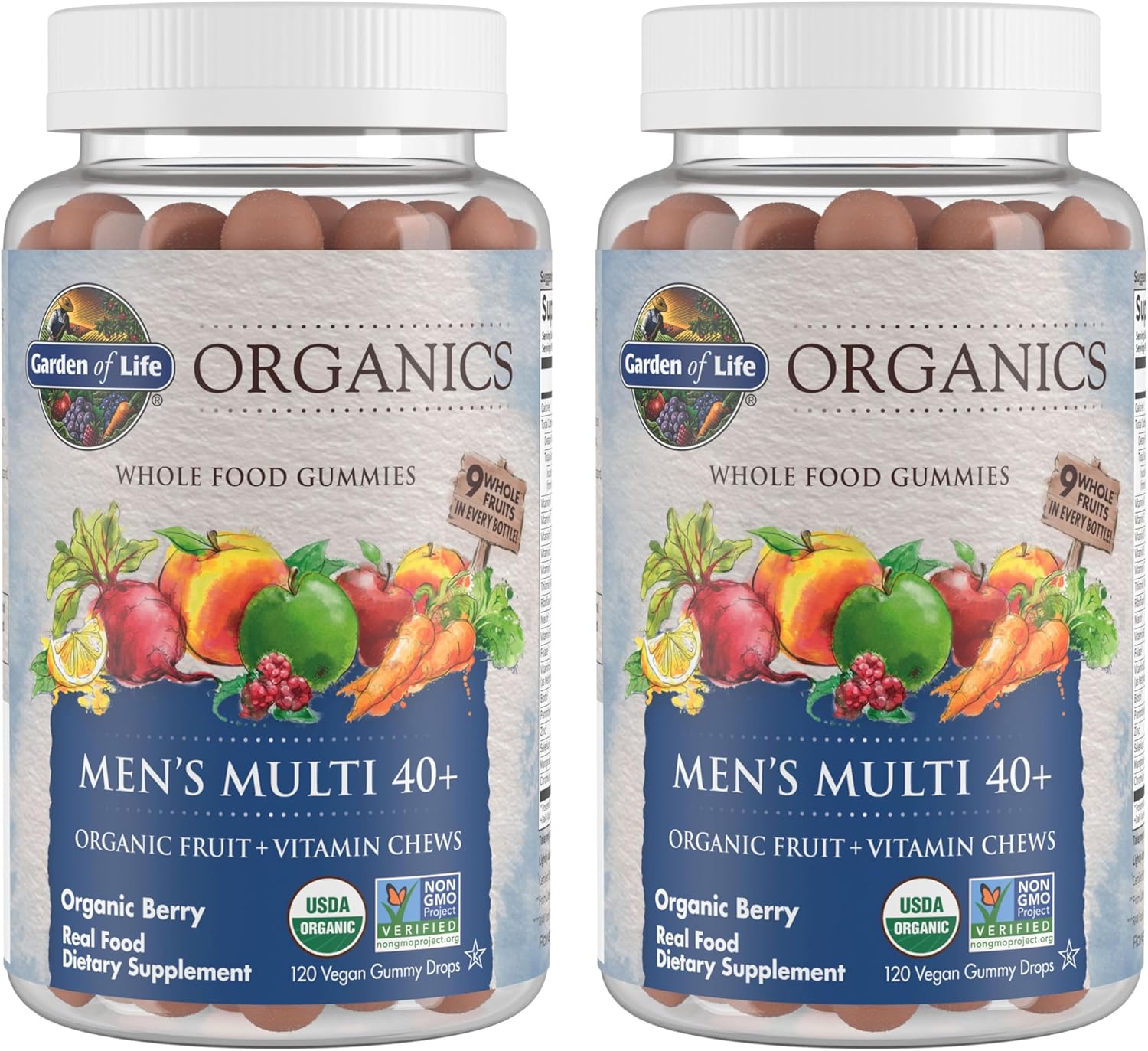 Organic Men's Multi 40+ Whole Food Vitamin Chews - Berry Flavor (240 Vegan Gummies) - 2 Pack