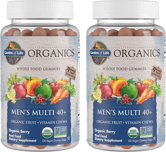 Organic Men's Multi 40+ Whole Food Vitamin Chews - Berry Flavor (240 Vegan Gummies) - 2 Pack