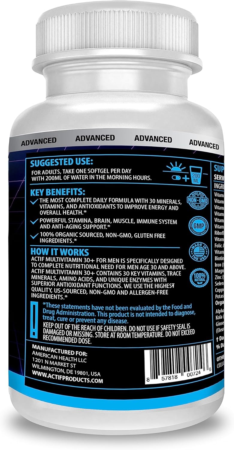 Organic Men's Multivitamin Age 30+ with 30 Vitamins & Herbs, Non-GMO, Made in USA - 90 Count