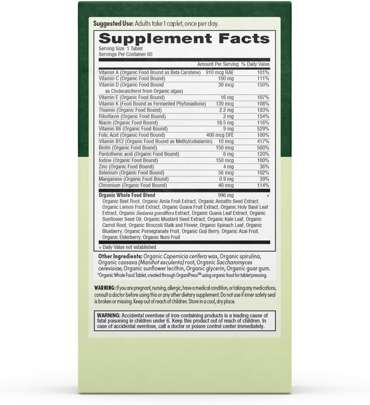 Organic Men's Multivitamin with 19 Vitamins from Herbs & Superfoods, 60 Count, Once Daily Formula