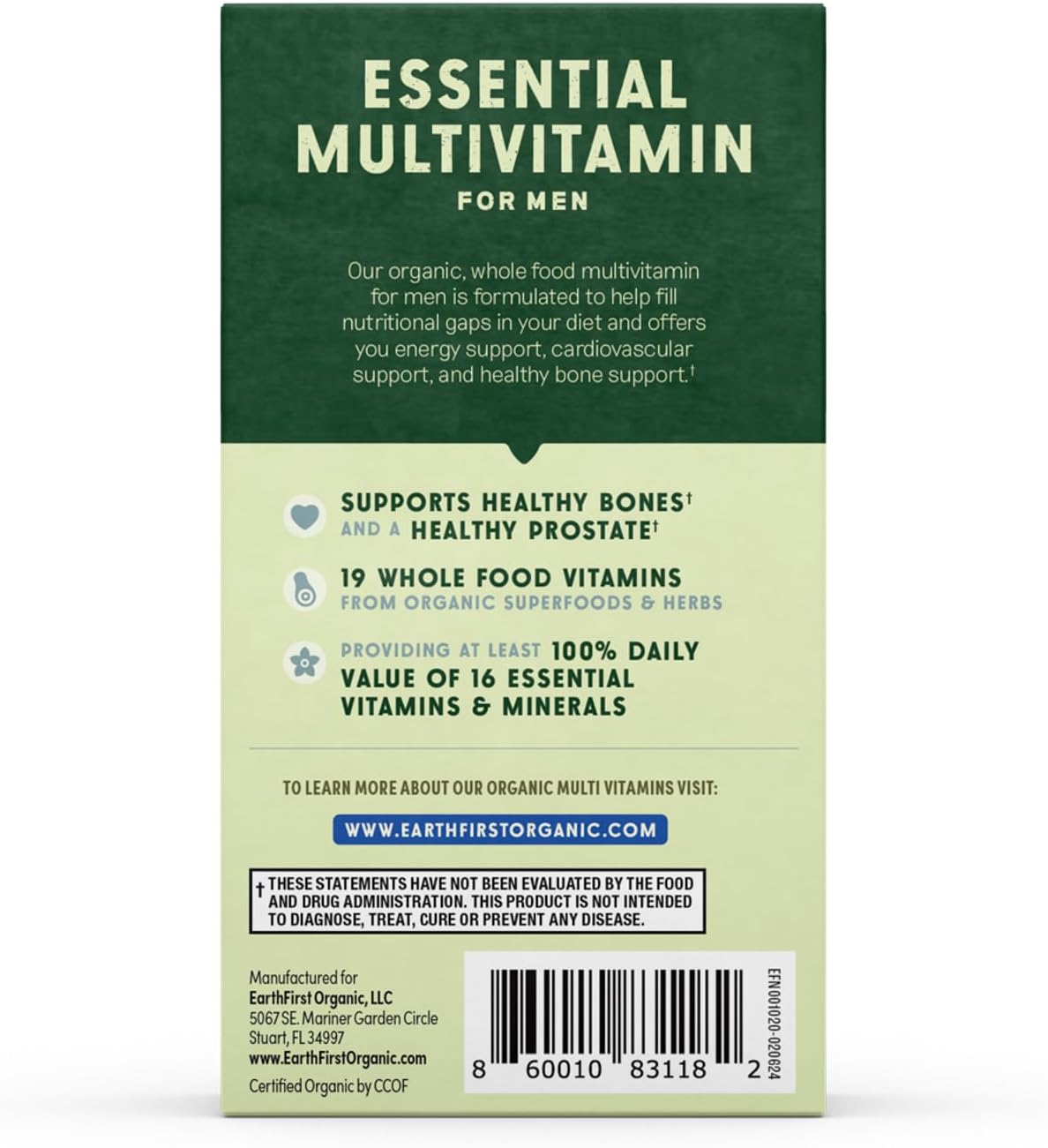 Organic Men's Multivitamin with 19 Vitamins from Herbs & Superfoods, 60 Count, Once Daily Formula