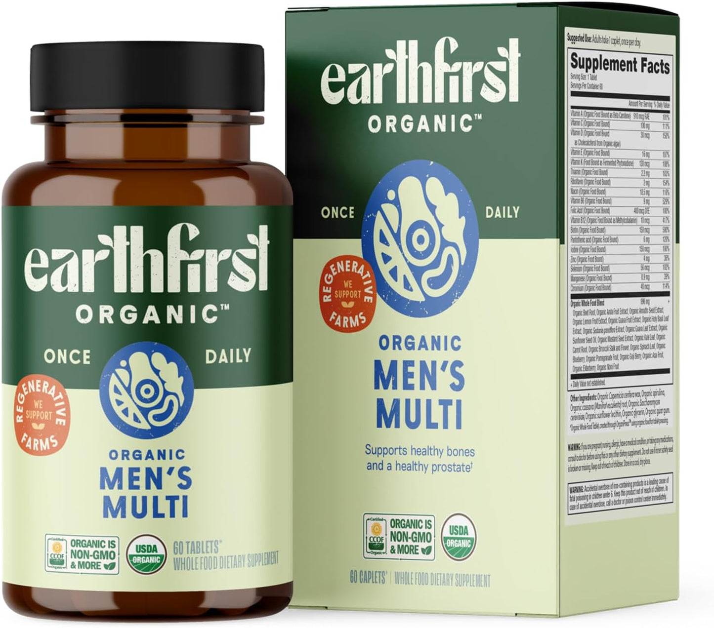 Organic Men's Multivitamin with 19 Vitamins from Herbs & Superfoods, 60 Count, Once Daily Formula
