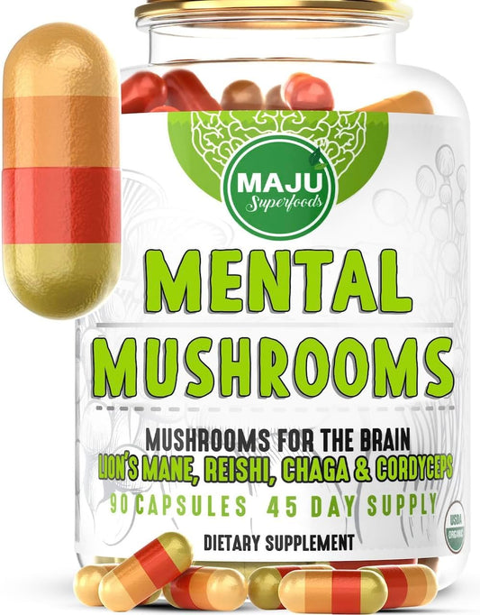 Organic Mental Mushroom Capsules with Lion's Mane, Cordyceps, Reishi, Chaga - Boost Focus, Energy, Wellness, Immune System - Nootropic Mushrooms - 90ct