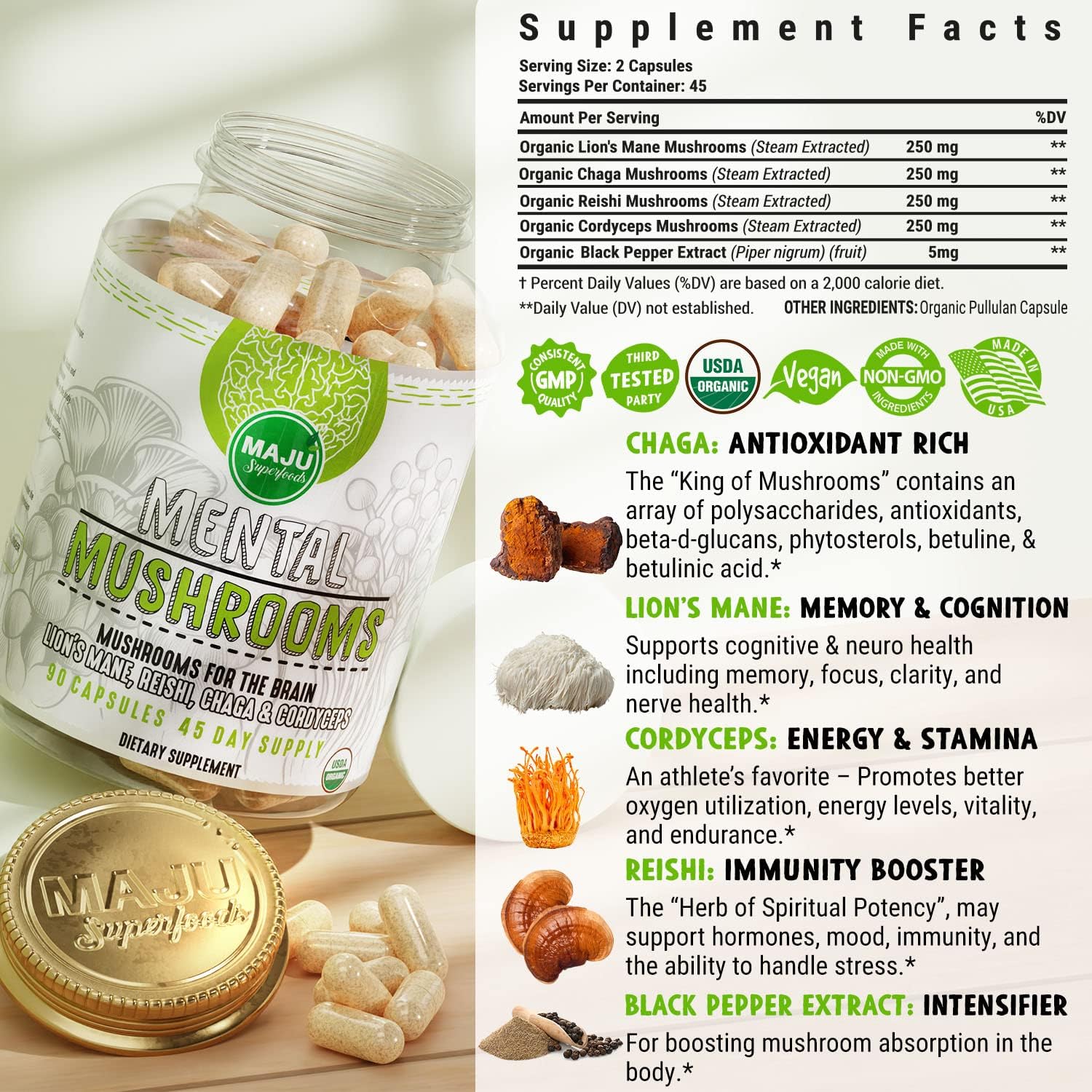 Organic Mental Mushroom Capsules with Lion's Mane, Cordyceps, Reishi, Chaga - Boost Focus, Energy, Wellness, Immune System - Nootropic Mushrooms - 90ct