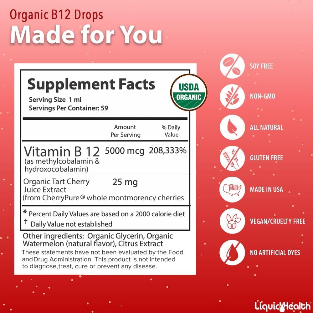 Organic Methyl Vitamin B12 Liquid Drops with Tart Cherry Juice - Energy Boost, Immune Support, Memory & Concentration - Vegan, Sugar Free, Non-GMO - 2 Pack