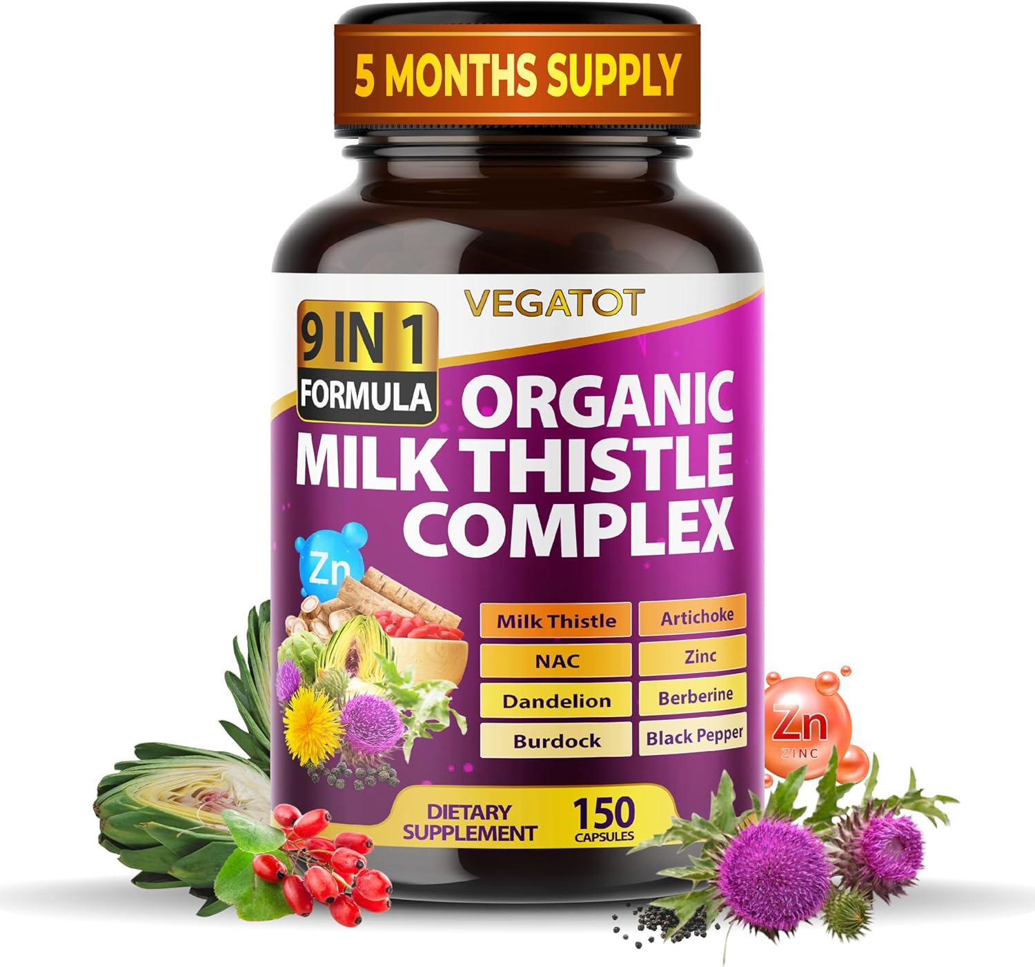 Organic Milk Thistle Complex 9-in-1 Formula with Artichoke, NAC, Zinc, Dandelion, Berberine, Burdock, and Black Pepper - 150 Count Pack