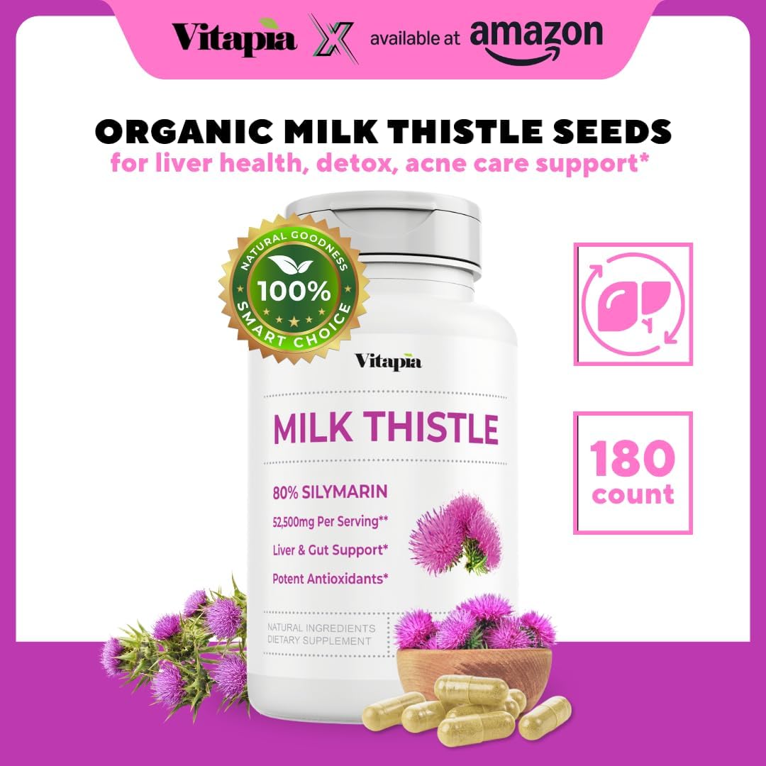 Organic Milk Thistle Extract 52,500mg - 80% Silymarin Liver Health Support - 180 Veggie Capsules - Non-GMO, Gluten-Free Antioxidant Supplement