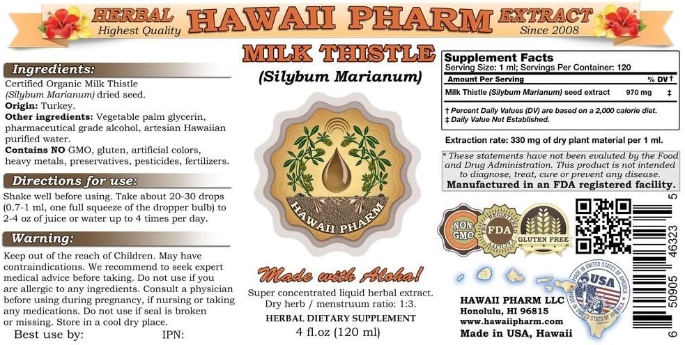 Organic Milk Thistle Liquid Extract Tincture - 4 Oz (120ml) by Hawaii Pharm