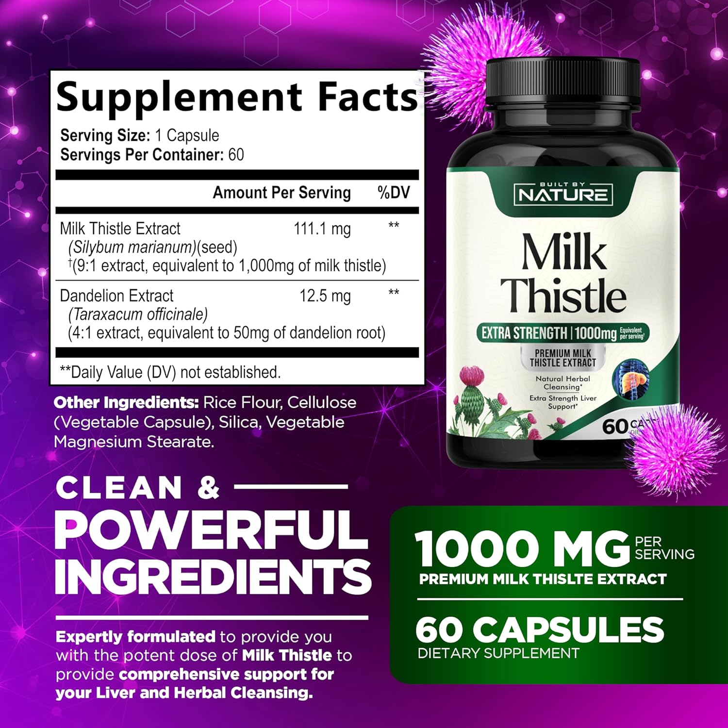 Organic Milk Thistle Liver Detox Supplement - 1000mg Silymarin & Dandelion Root - Herbal Cleanse for Liver Health - Non-GMO - 60 Capsules