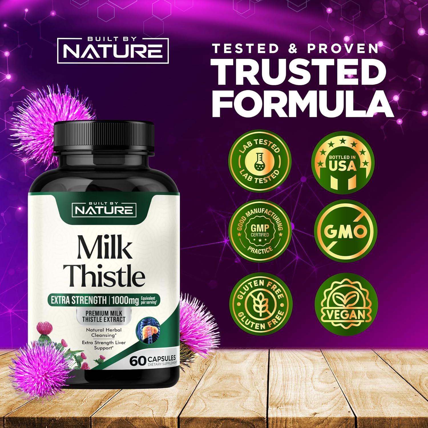 Organic Milk Thistle Liver Detox Supplement - 1000mg Silymarin & Dandelion Root - Herbal Cleanse for Liver Health - Non-GMO - 60 Capsules