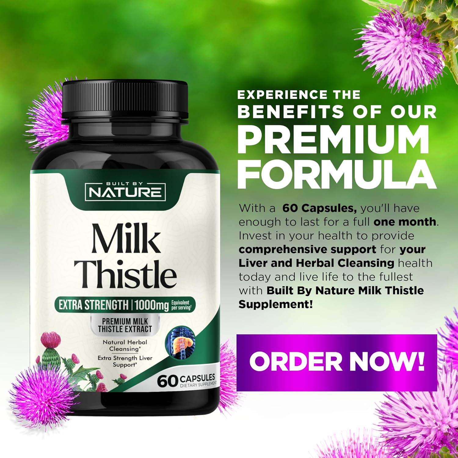 Organic Milk Thistle Liver Detox Supplement - 1000mg Silymarin & Dandelion Root - Herbal Cleanse for Liver Health - Non-GMO - 60 Capsules