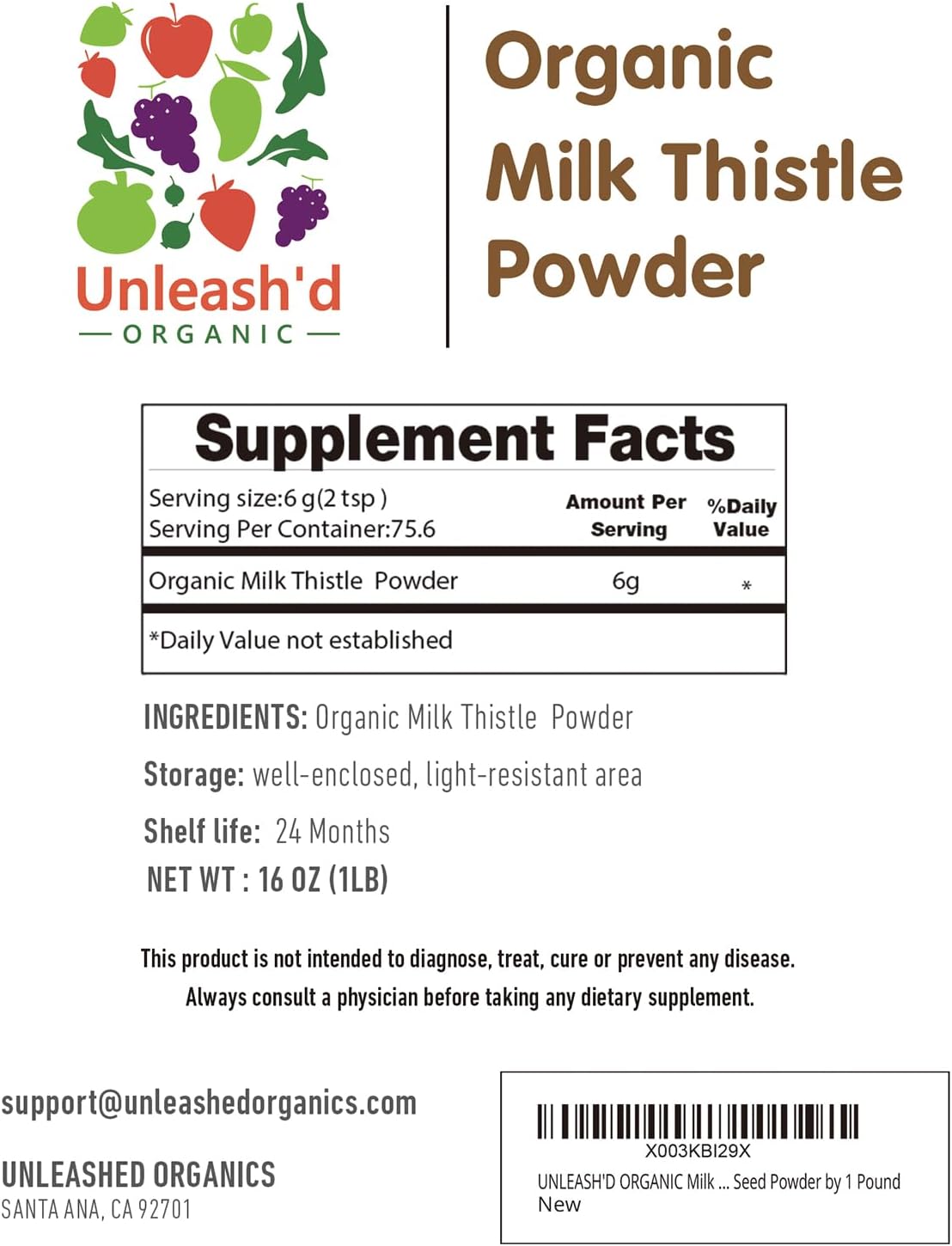 Organic Milk Thistle Powder 2-Pack: Rich in Silymarin, Antioxidants, Immune Support - 100% Pure & Organic