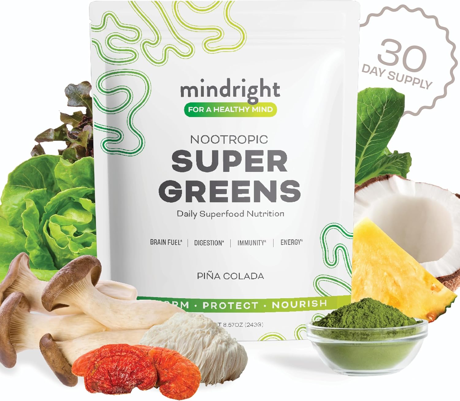 Organic Mindright Super Greens Powder for Daily Wellness & Mental Clarity - Alkalizing Superfood Greens Blend - 30 Day Supply