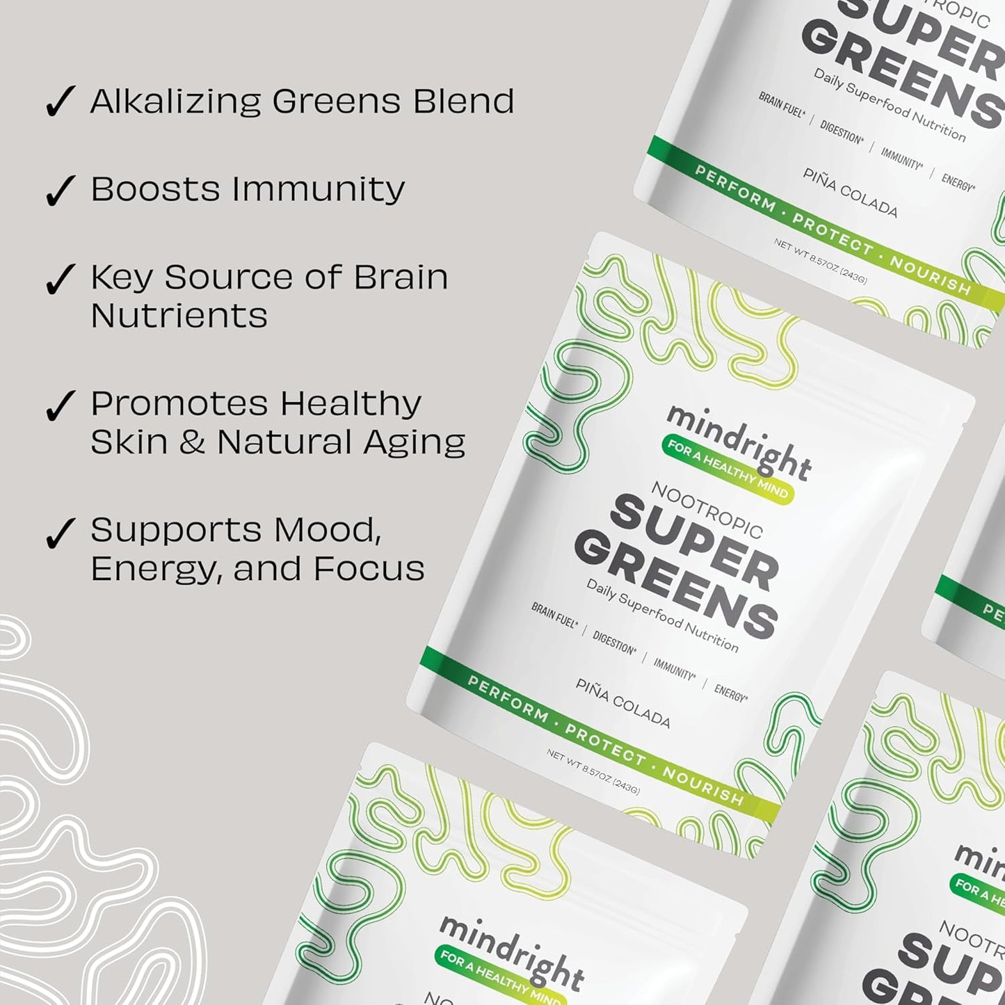 Organic Mindright Super Greens Powder for Daily Wellness & Mental Clarity - Alkalizing Superfood Greens Blend - 30 Day Supply