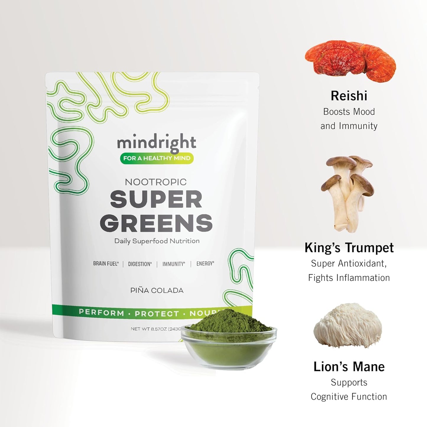 Organic Mindright Super Greens Powder for Daily Wellness & Mental Clarity - Alkalizing Superfood Greens Blend - 30 Day Supply