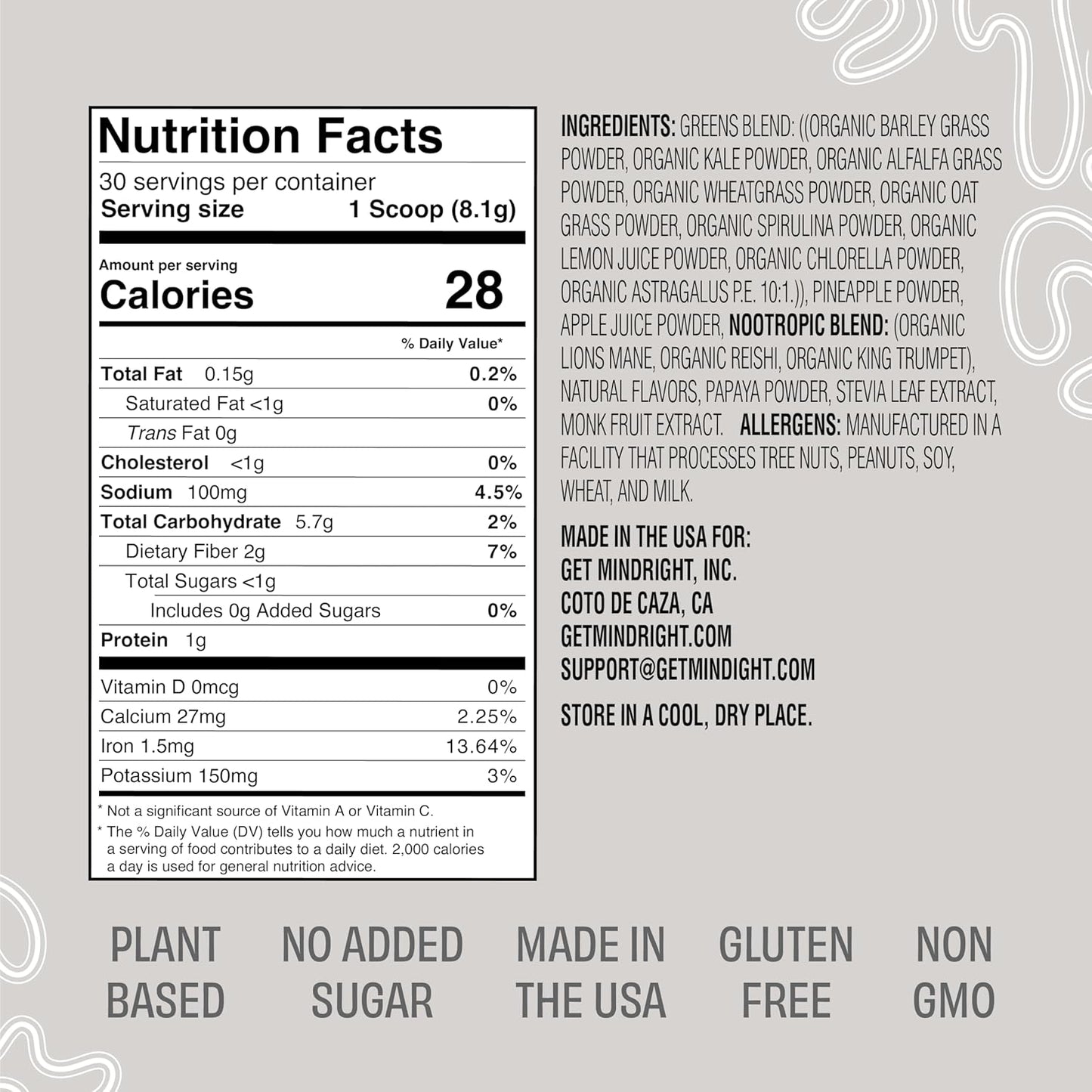 Organic Mindright Super Greens Powder for Daily Wellness & Mental Clarity - Alkalizing Superfood Greens Blend - 30 Day Supply