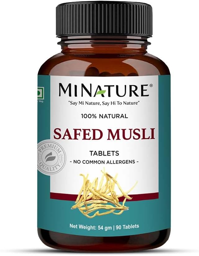Organic Mini Safed Musli Tablets - 90 Tablets, 1000mg - Pure Herb, No Chemicals - Gluten-Free - 45 Day Supply - by mi Nature