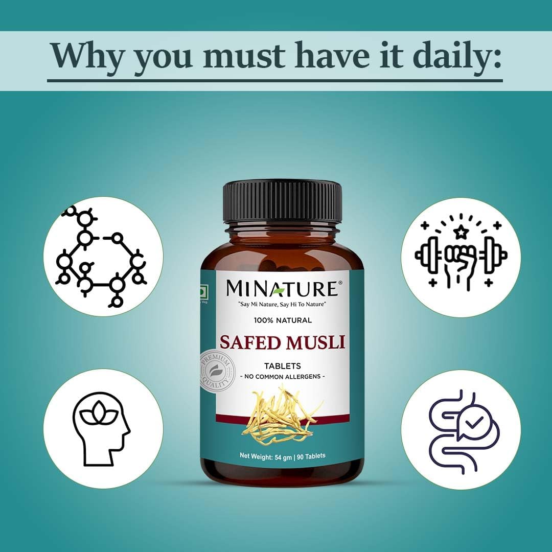 Organic Mini Safed Musli Tablets - 90 Tablets, 1000mg - Pure Herb, No Chemicals - Gluten-Free - 45 Day Supply - by mi Nature