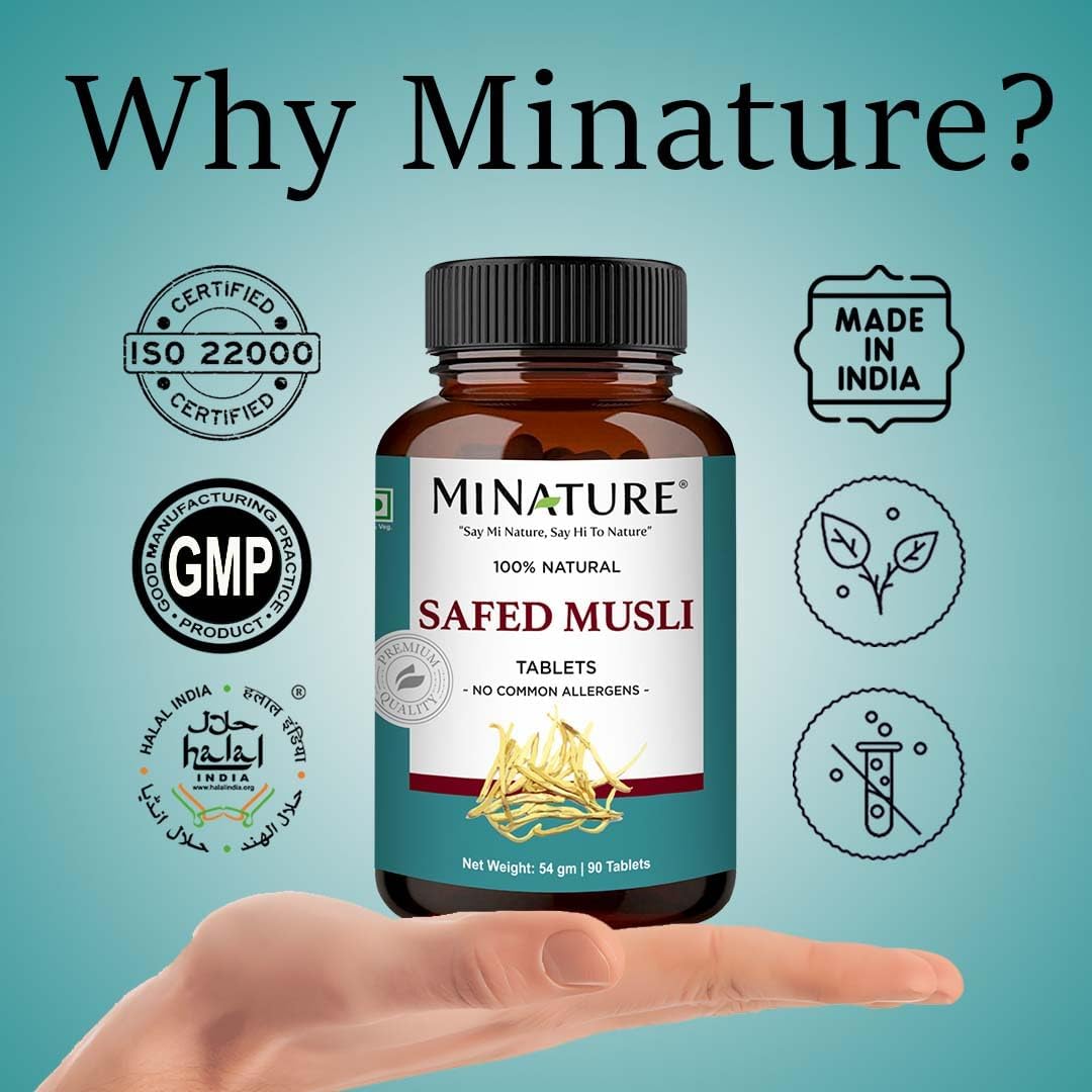Organic Mini Safed Musli Tablets - 90 Tablets, 1000mg - Pure Herb, No Chemicals - Gluten-Free - 45 Day Supply - by mi Nature
