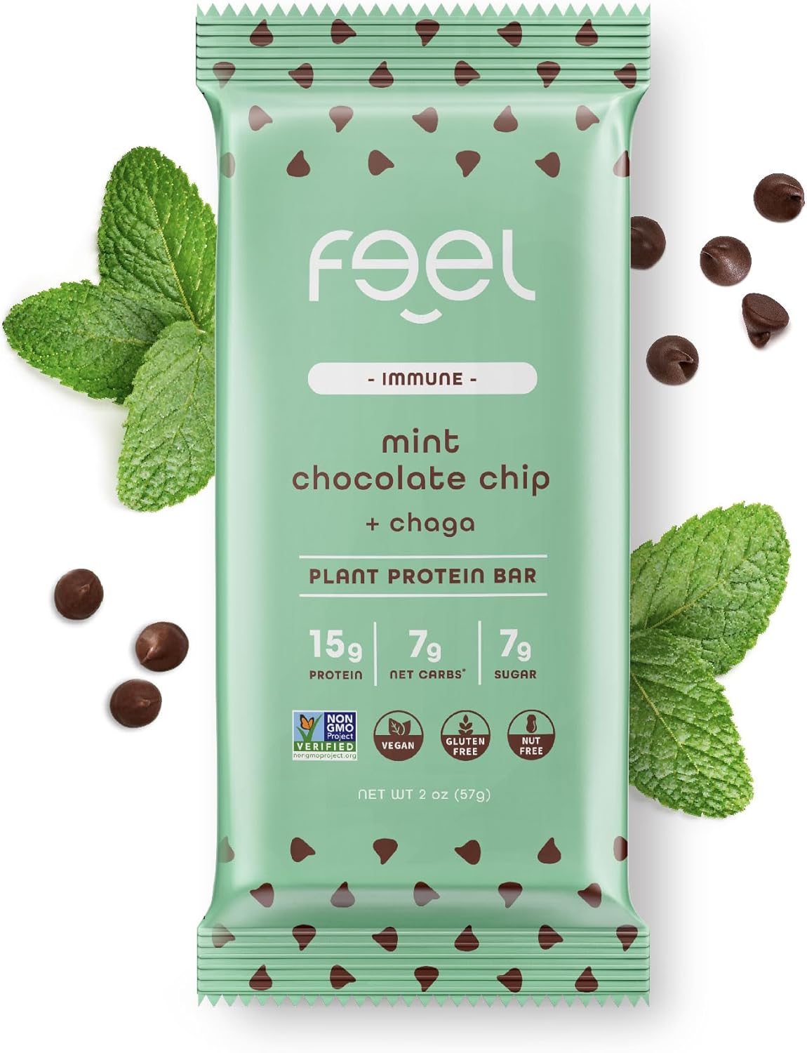 Organic Mint Chocolate Chip Vegan Protein Bars with Chaga Mushroom - Keto, Gluten-Free, Dairy-Free, Low Sugar, High Protein