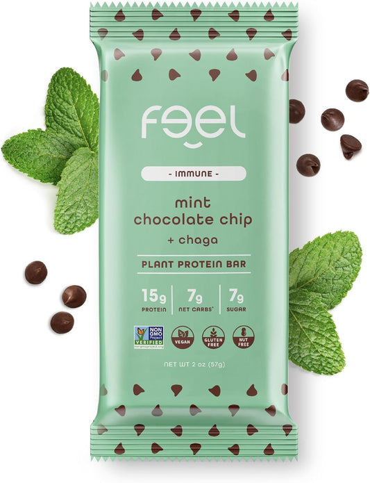 Organic Mint Chocolate Chip Vegan Protein Bars with Chaga Mushroom - Keto, Gluten-Free, Dairy-Free, Low Sugar, High Protein
