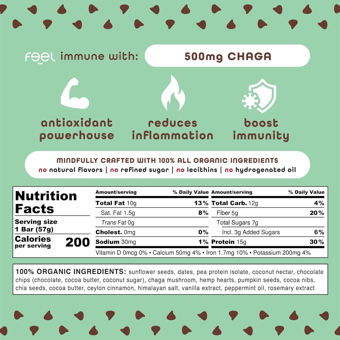 Organic Mint Chocolate Chip Vegan Protein Bars with Chaga Mushroom - Keto, Gluten-Free, Dairy-Free, Low Sugar, High Protein