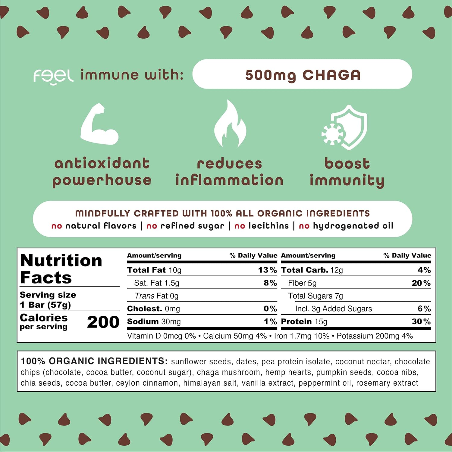 Organic Mint Chocolate Chip Vegan Protein Bars with Chaga Mushroom - Keto, Gluten-Free, Dairy-Free, Low Sugar, High Protein
