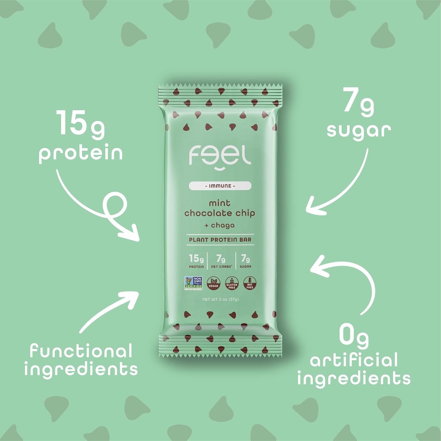 Organic Mint Chocolate Chip Vegan Protein Bars with Chaga Mushroom - Keto, Gluten-Free, Dairy-Free, Low Sugar, High Protein