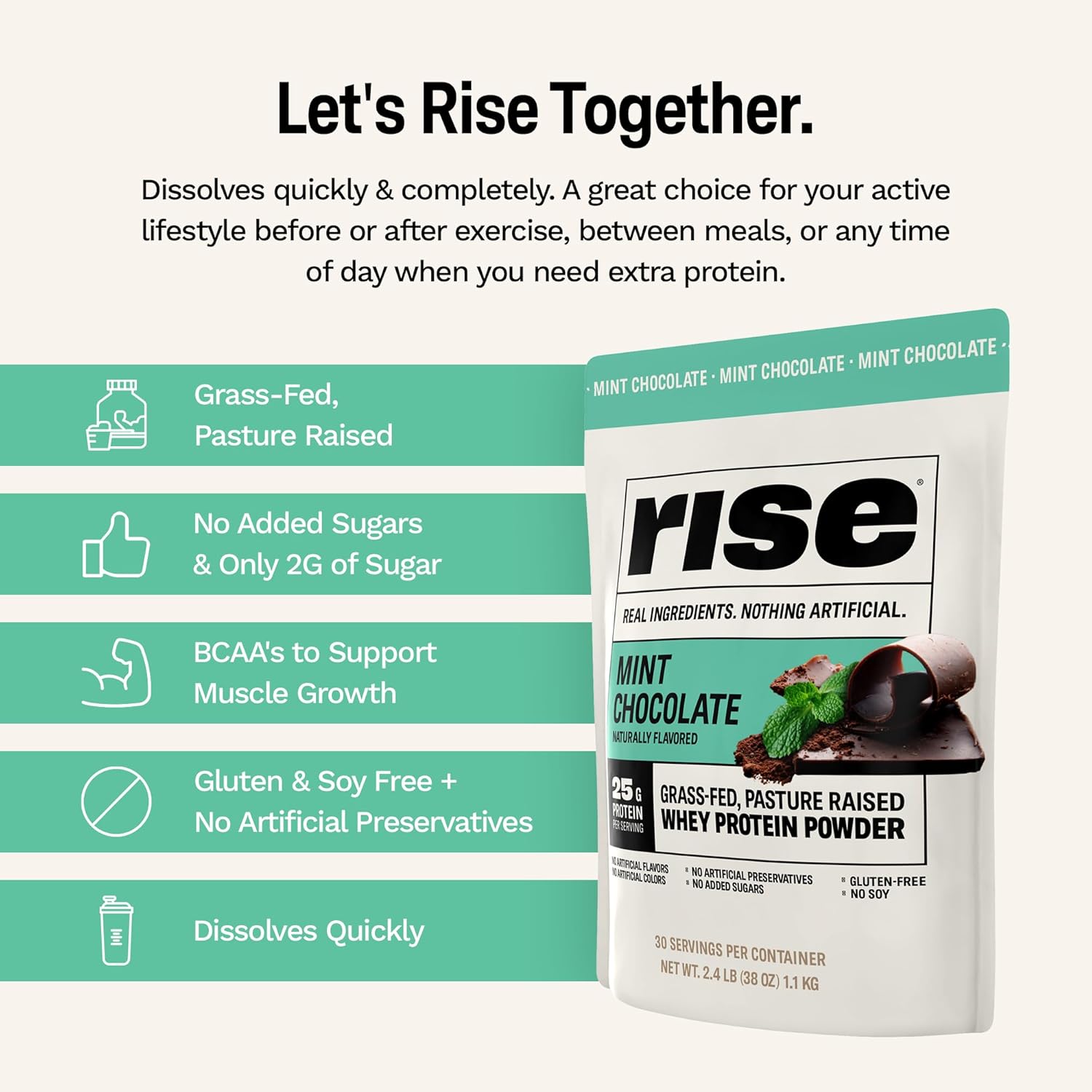 Organic Mint Chocolate Grass-Fed Whey Protein Powder - 25g Protein, No Artificial Ingredients - Sugar-Free, Gluten-Free, Soy-Free - 2.4 lbs