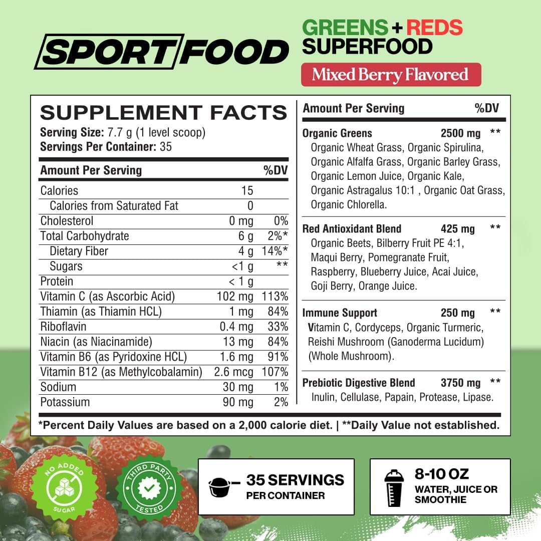 Organic Mixed Berry Superfood Powder with 25+ Fruits & Veggies - Energizing & Antioxidant-Rich Smoothie Mix | Keto-Friendly & Prebiotic | 35 Servings