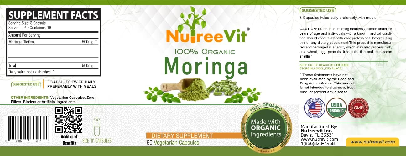 Organic Moringa Capsules - 60 Count Bottle by NutreeVit