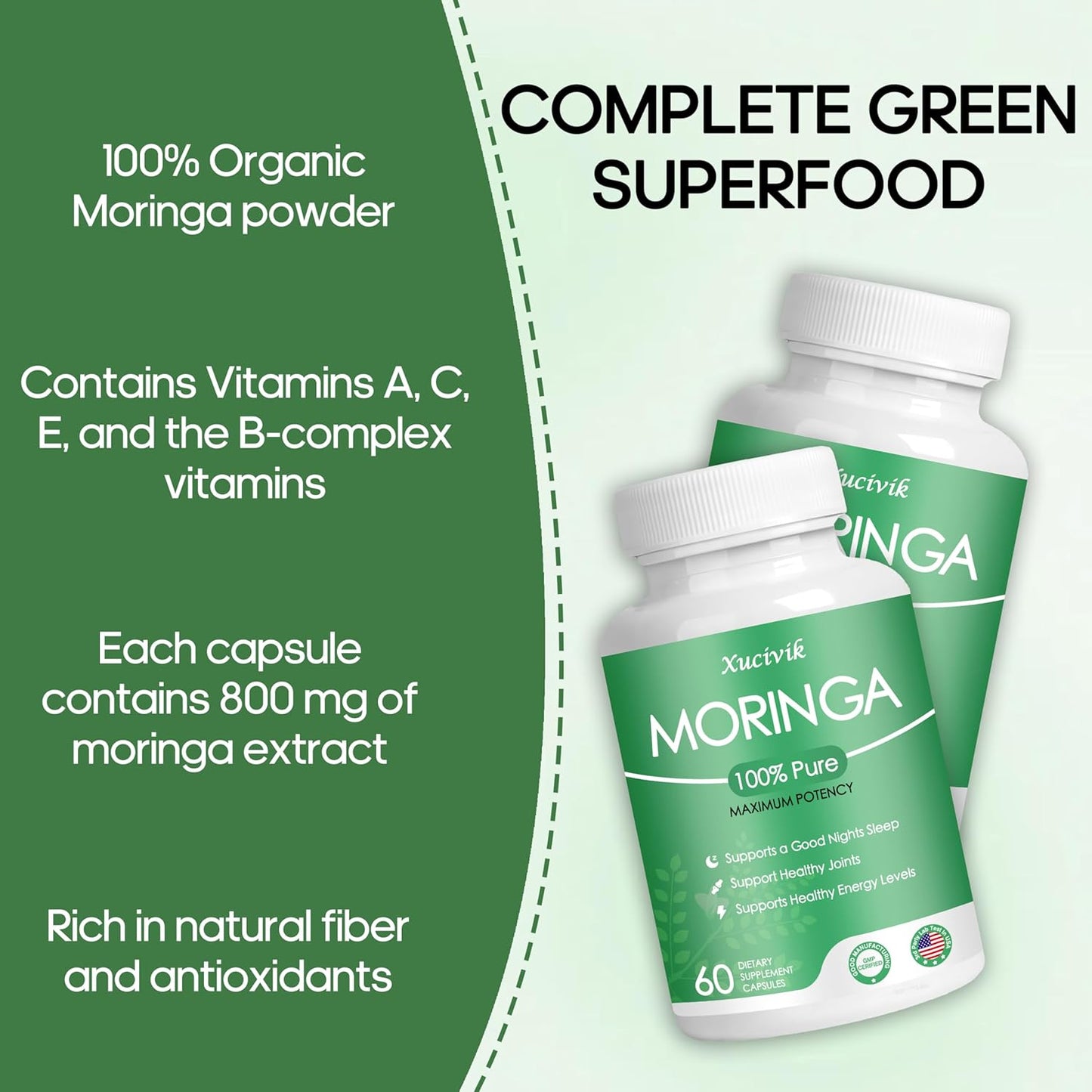 Organic Moringa Capsules - 800mg Pure Powder for Energy, Gut Health & Immune Support