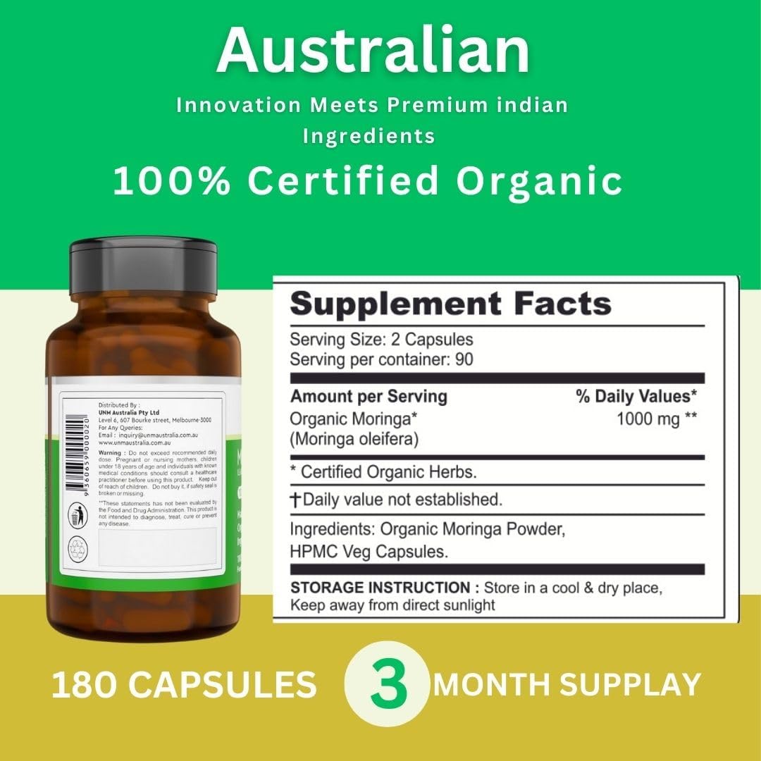 Organic Moringa Capsules 1000 mg | Pure Moringa Oleifera Leaf Powder Supplement | Single Origin, 100% Pure Moringa Powder