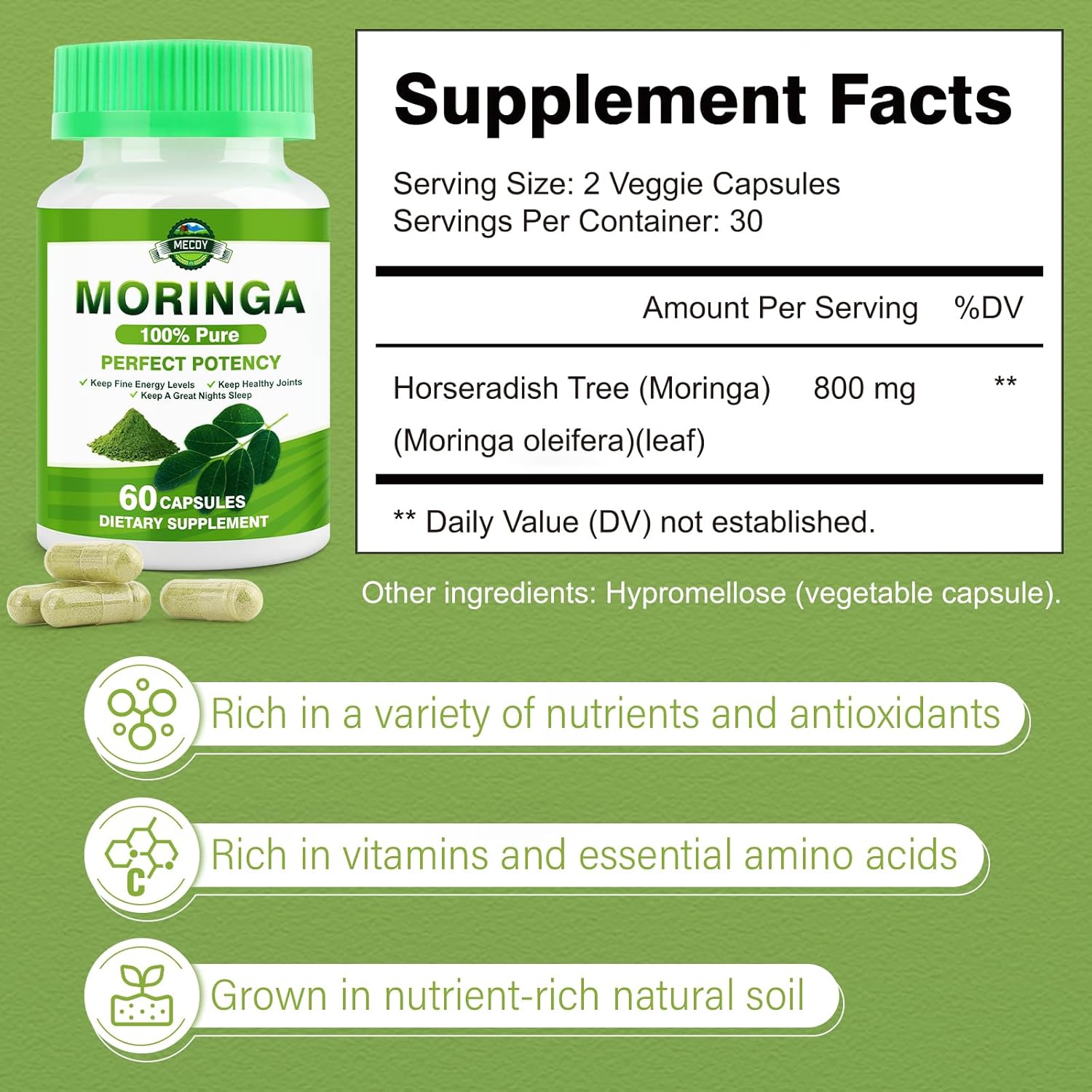 Organic Moringa Capsules 800mg - Immune & Digestive Support, Joint Health, Energy Boost - 60 Count
