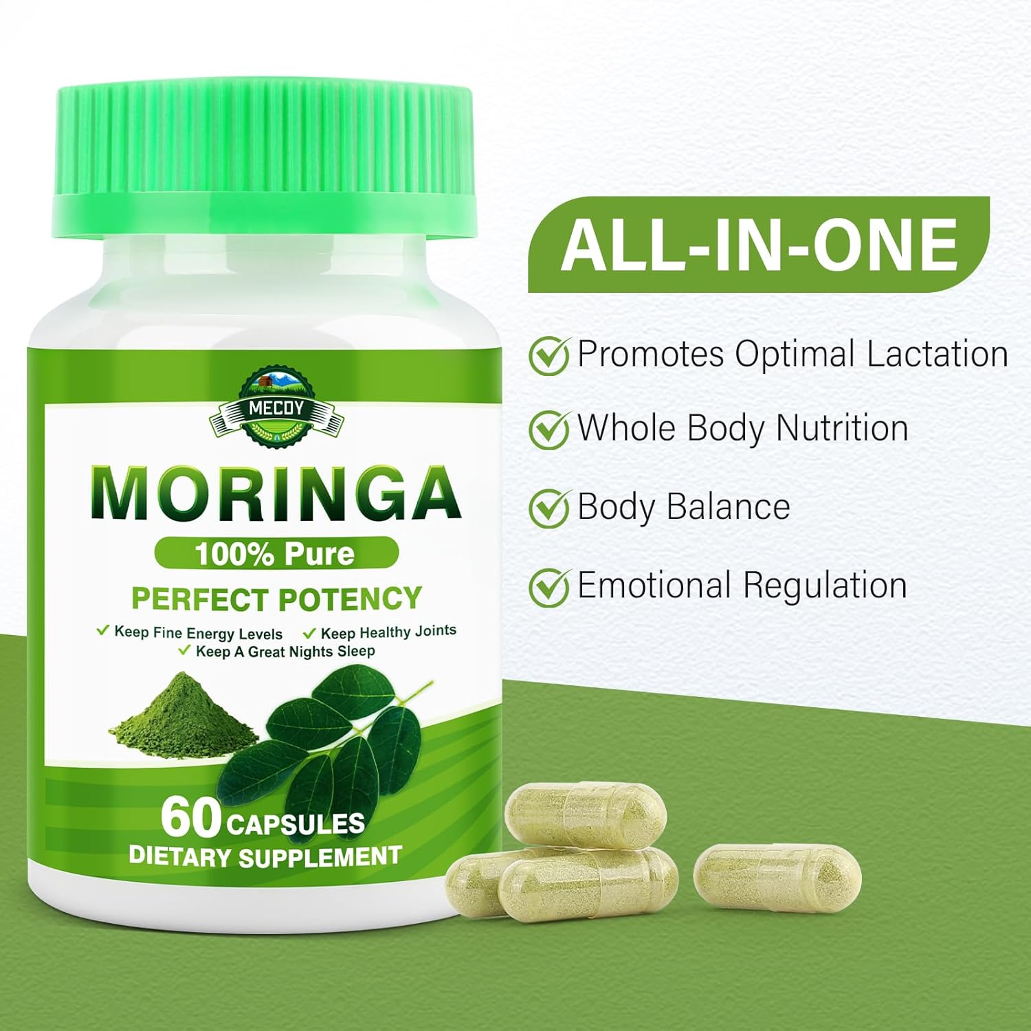 Organic Moringa Capsules 800mg - Immune & Digestive Support, Joint Health, Energy Boost - 60 Count
