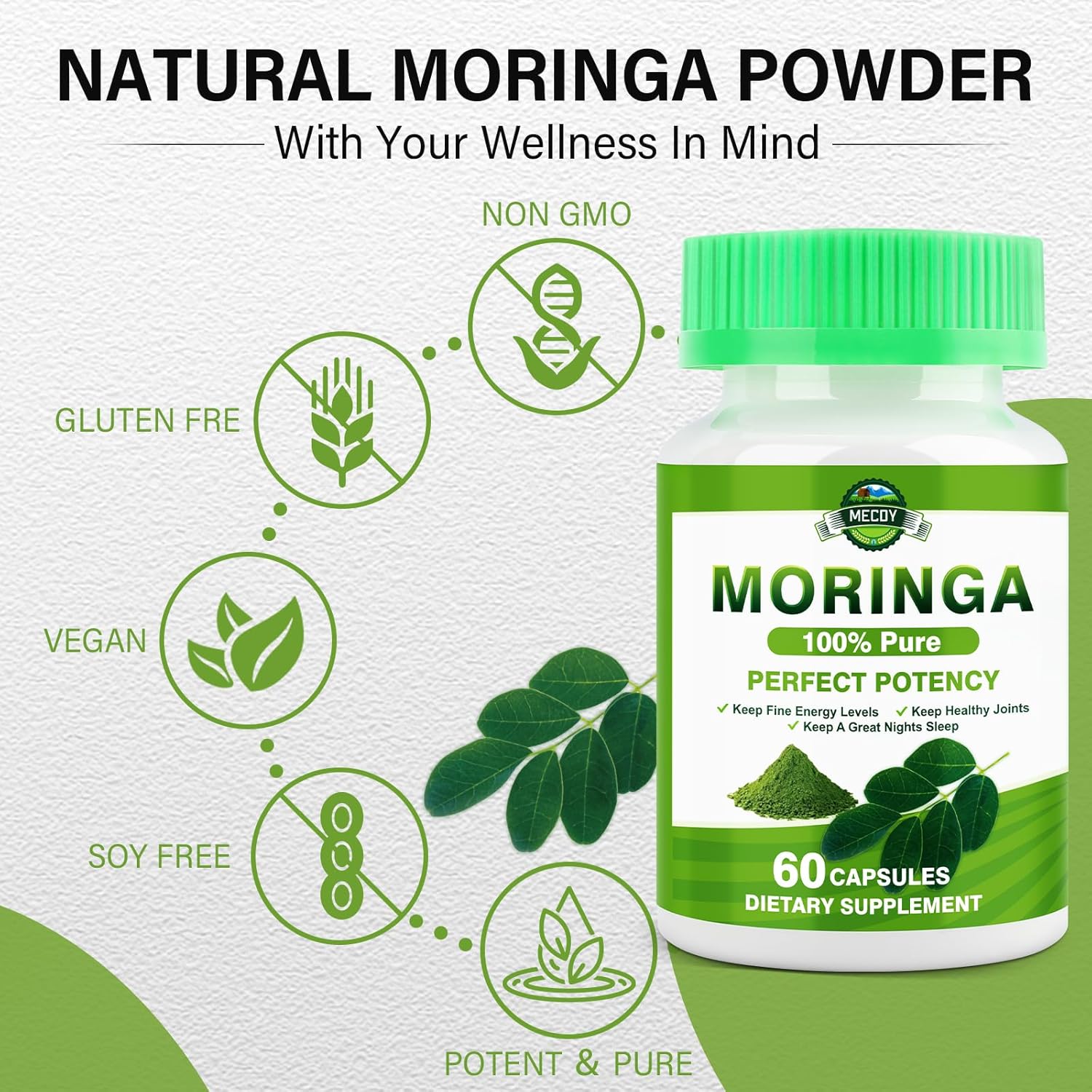Organic Moringa Capsules 800mg - Immune & Digestive Support, Joint Health, Energy Boost - 60 Count