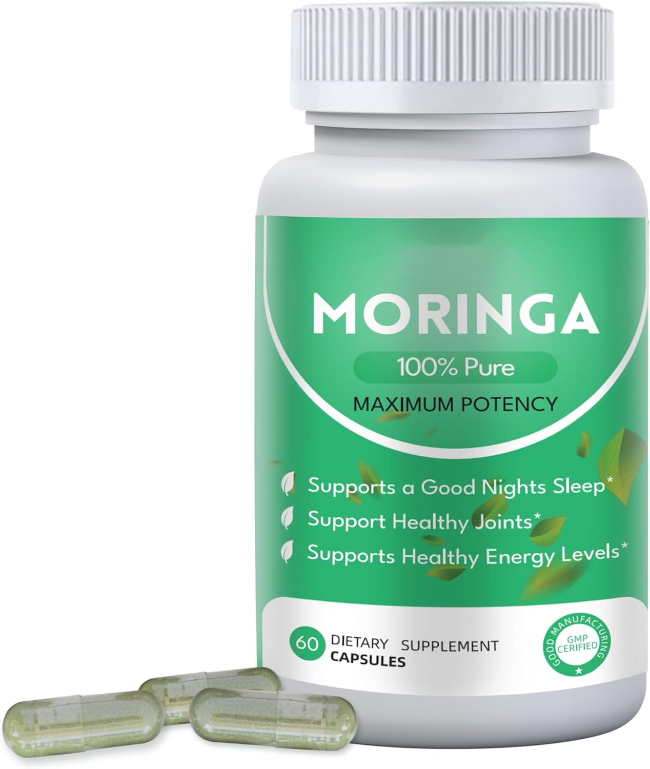 Organic Moringa Capsules for Energy and Gut Health - 800mg Pure Powder with Vitamins and Amino Acids - 60 Capsules