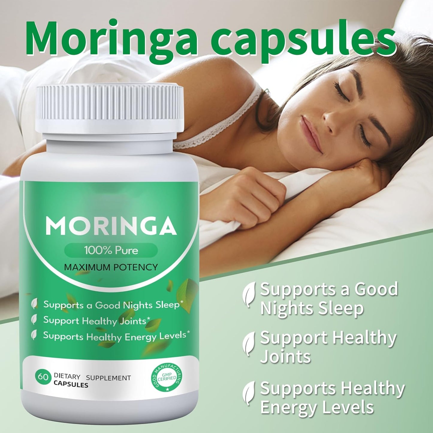 Organic Moringa Capsules for Energy and Gut Health - 800mg Pure Powder with Vitamins and Amino Acids - 60 Capsules