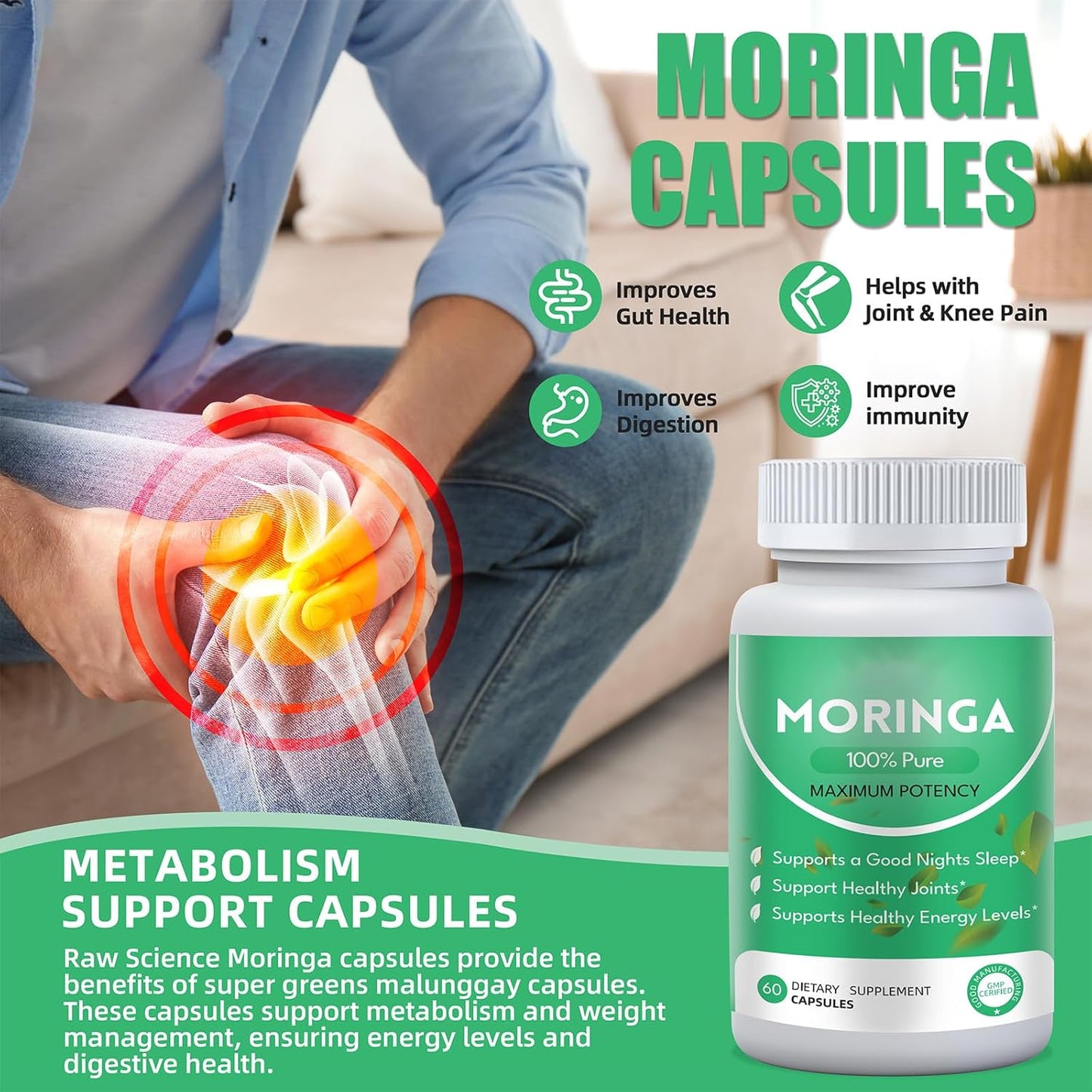 Organic Moringa Capsules for Energy and Gut Health - 800mg Pure Powder with Vitamins and Amino Acids - 60 Capsules
