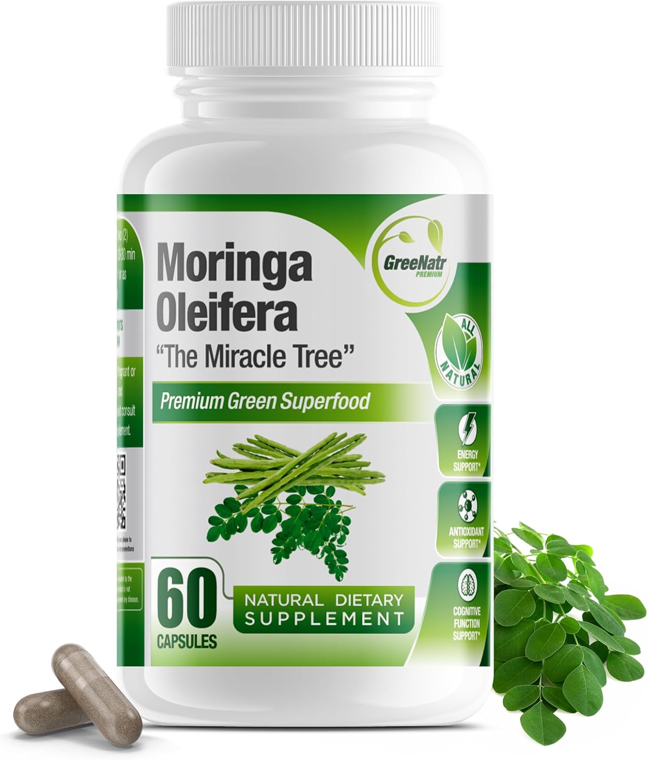 Organic Moringa Capsules with Vitamin C, Omega 3, Amino Acids - Energy & Mood Booster - Immune Support - Non-GMO - 60 Capsules