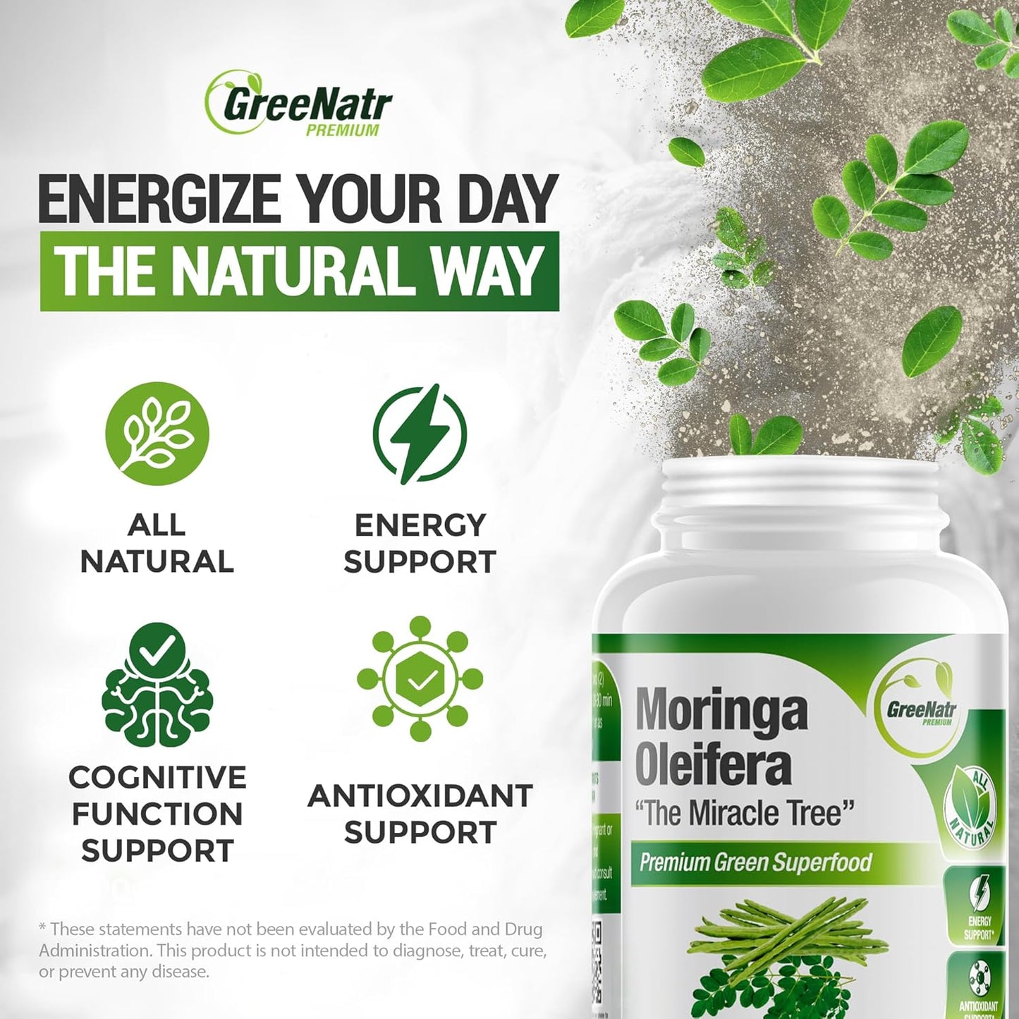 Organic Moringa Capsules with Vitamin C, Omega 3, Amino Acids - Energy & Mood Booster - Immune Support - Non-GMO - 60 Capsules
