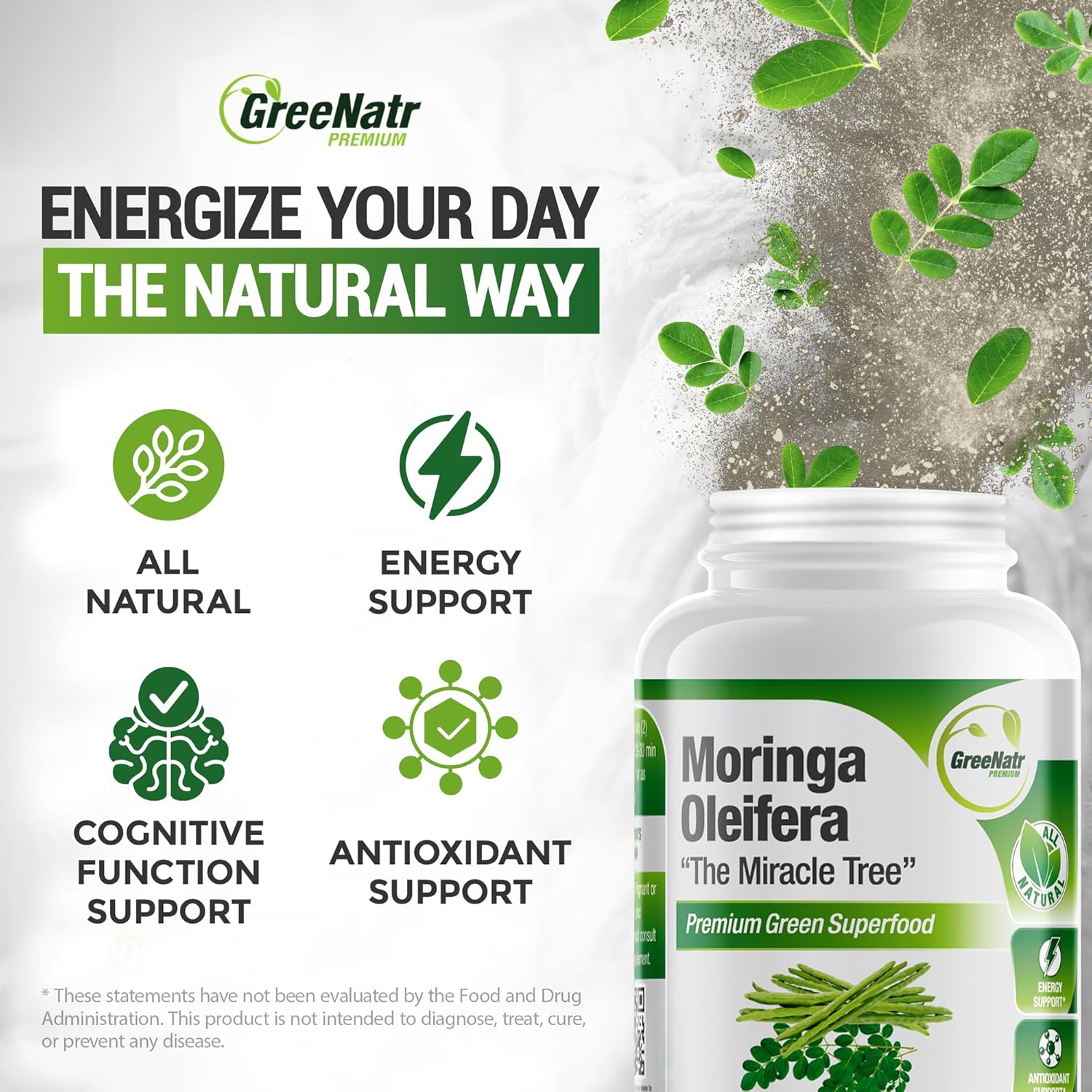 Organic Moringa Capsules with Vitamin C, Omega 3, Amino Acids - Energy & Mood Booster - Immune Support - Non-GMO - 60 Capsules
