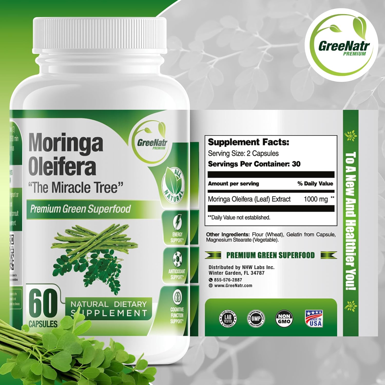 Organic Moringa Capsules with Vitamin C, Omega 3, Amino Acids - Energy & Mood Booster - Immune Support - Non-GMO - 60 Capsules