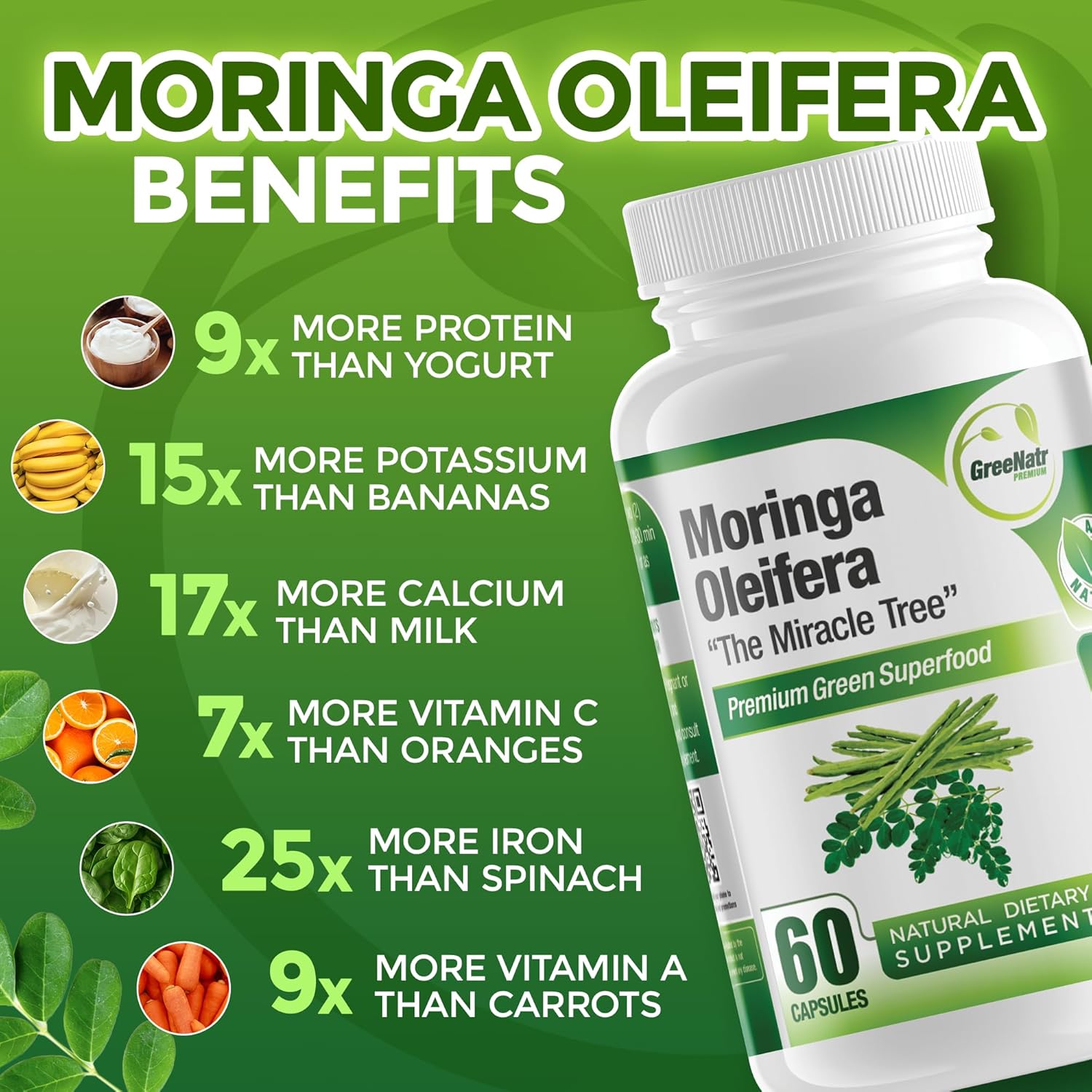 Organic Moringa Capsules with Vitamin C, Omega 3, Amino Acids - Energy & Mood Booster - Immune Support - Non-GMO - 60 Capsules