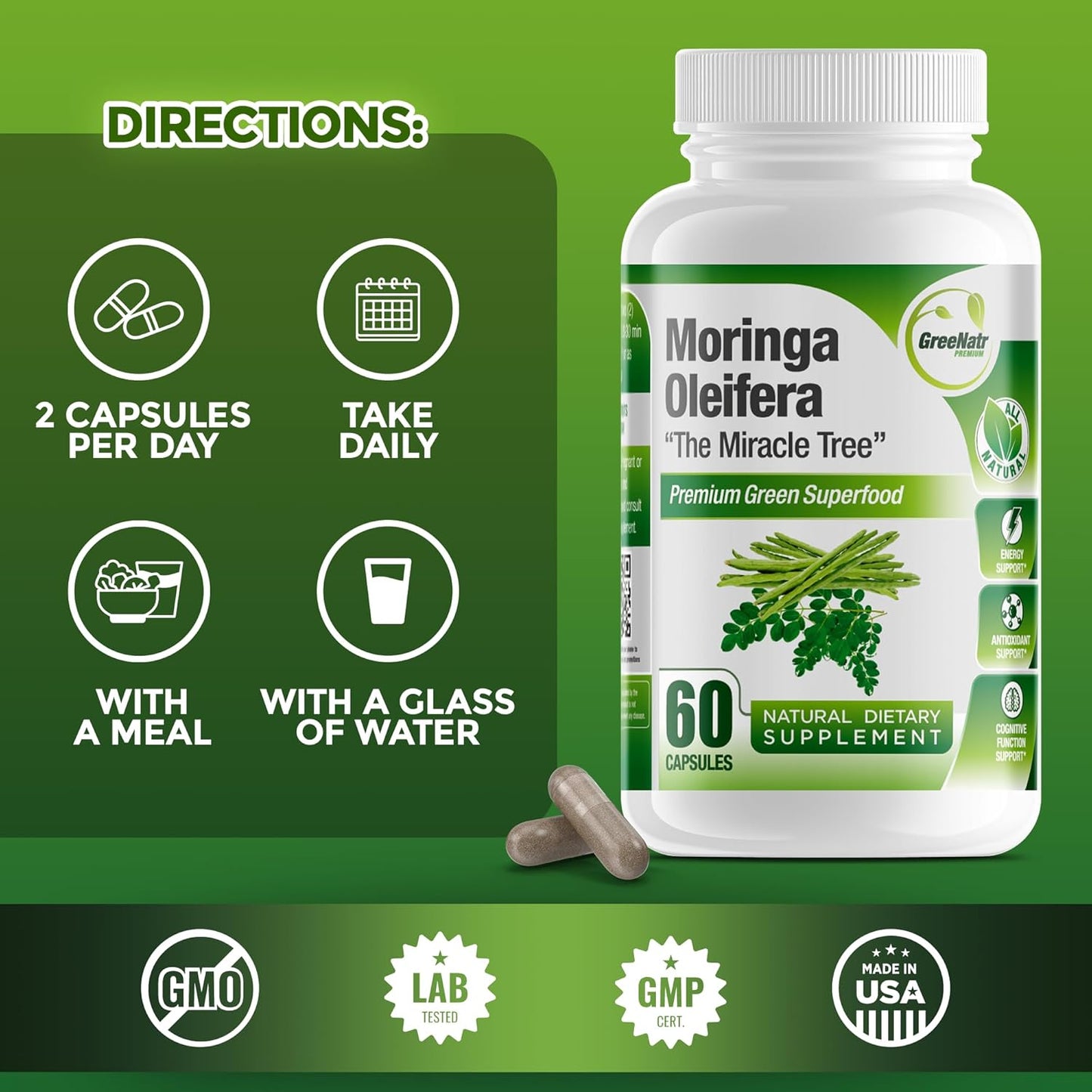 Organic Moringa Capsules with Vitamin C, Omega 3, Amino Acids - Energy & Mood Booster - Immune Support - Non-GMO - 60 Capsules