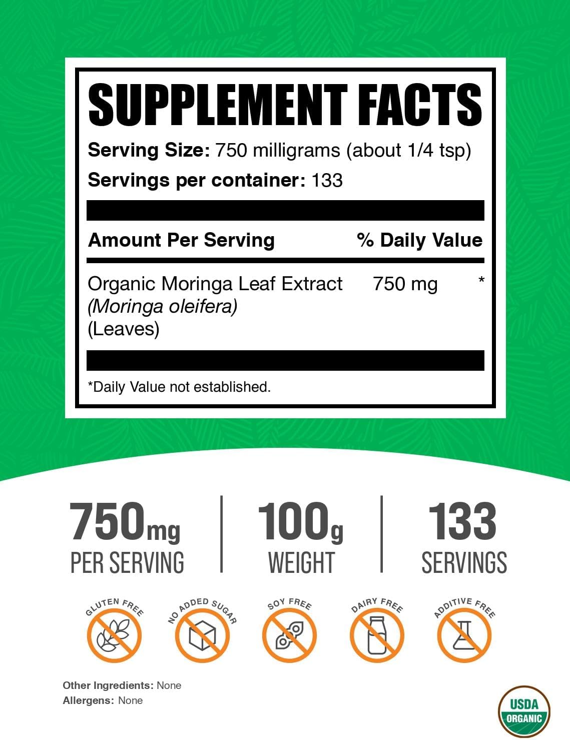 Organic Moringa Extract Powder - Superfood Supplement, Vegan & Gluten Free, 100g - BulkSupplements.com