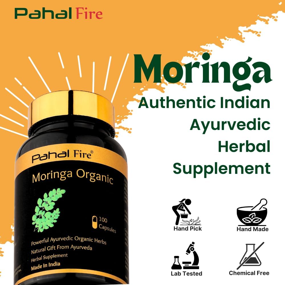 Organic Moringa Herbal Supplement 500mg Capsules - Antioxidant & Multivitamin Support - Wild Harvested in India - Lab Tested - 100ct